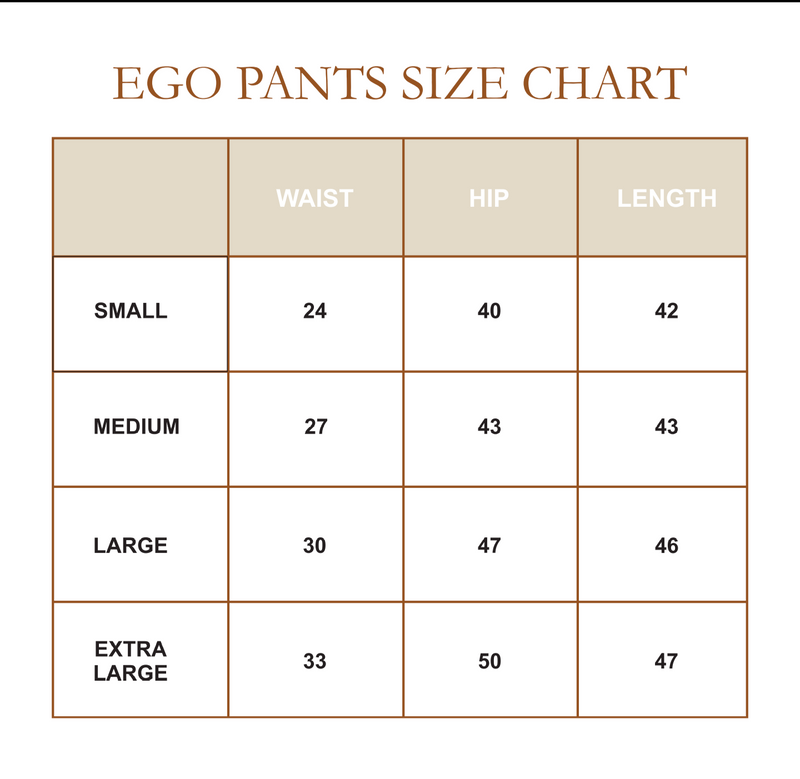 Size chart for Ego Pants (Sand)