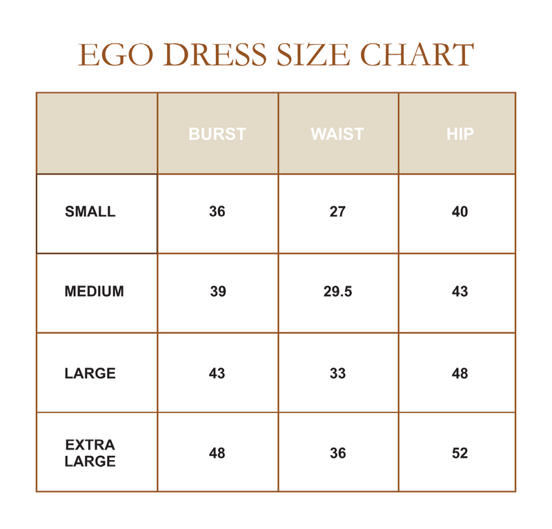 Size chart for Ego Dress (Noir)